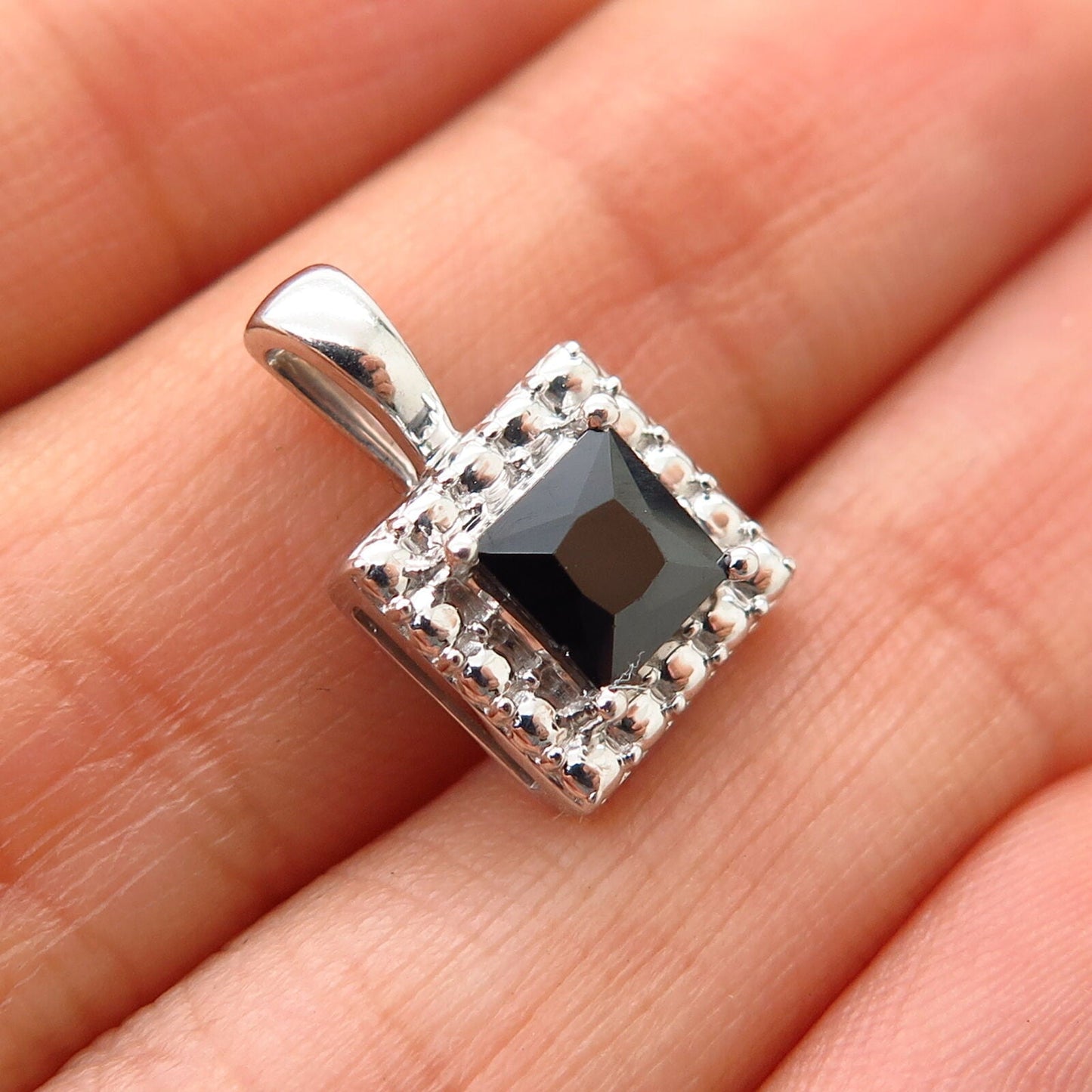 925 Sterling Silver Black C Z Pebble Design Square Slide Pendant