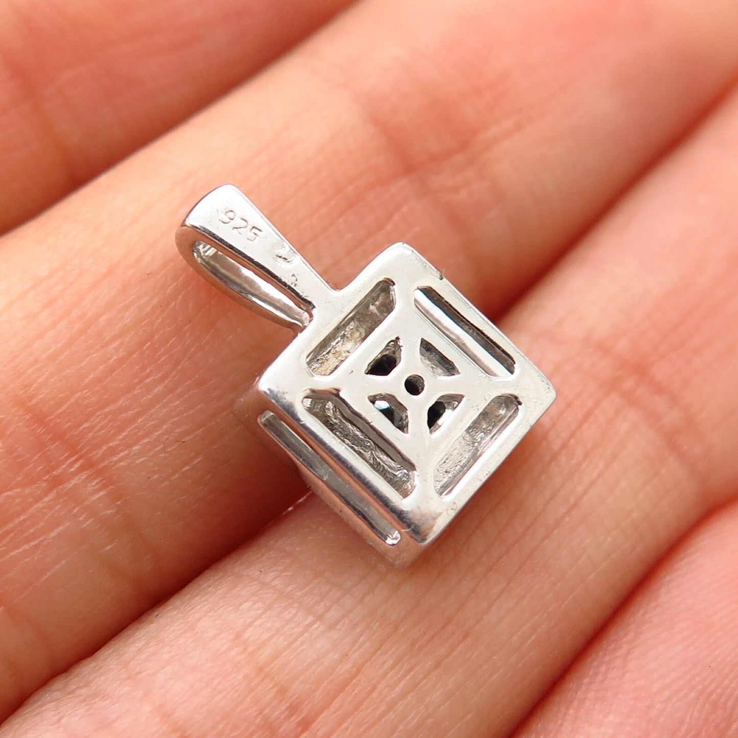 925 Sterling Silver Black C Z Pebble Design Square Slide Pendant