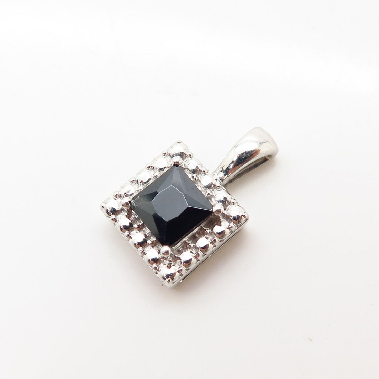 925 Sterling Silver Black C Z Pebble Design Square Slide Pendant