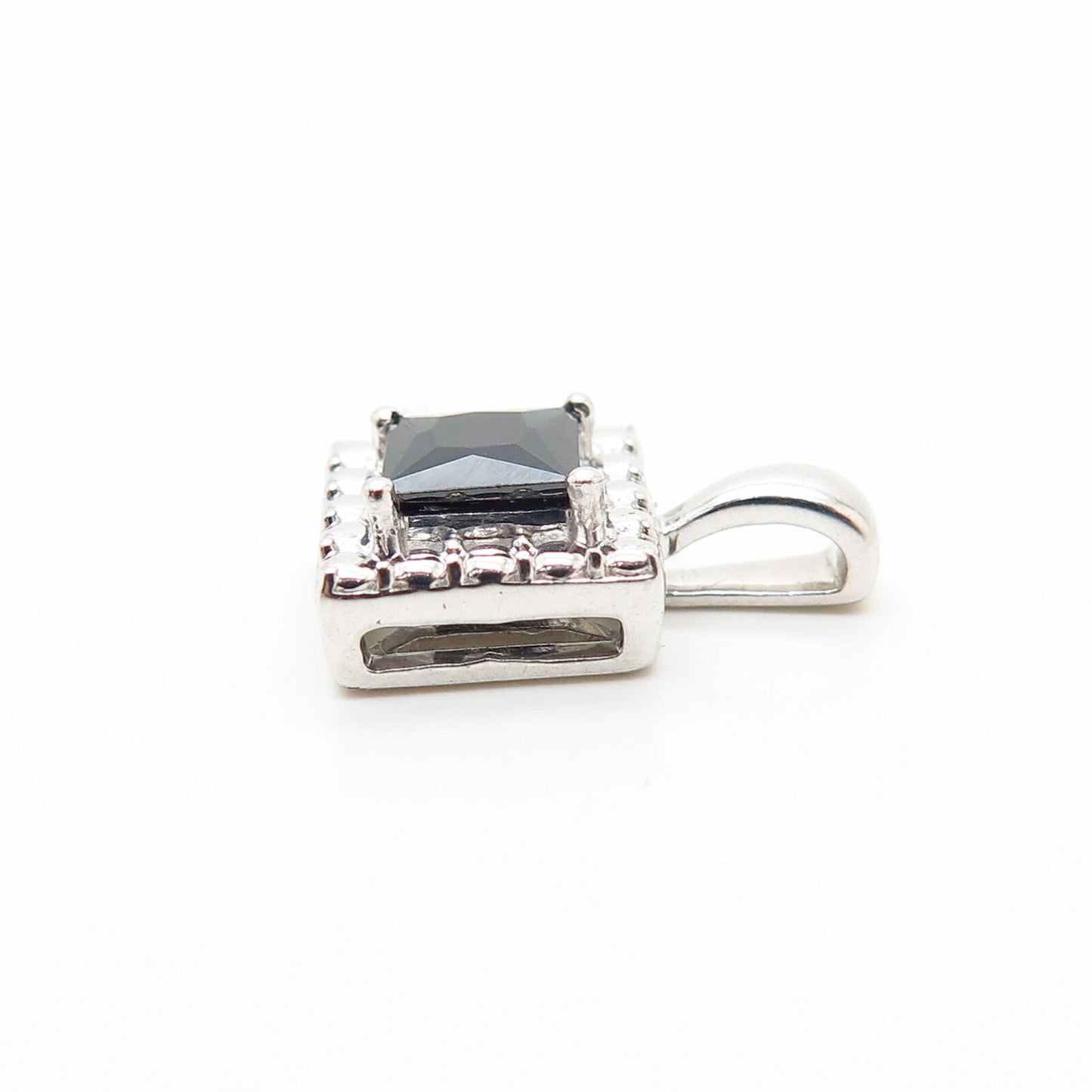 925 Sterling Silver Black C Z Pebble Design Square Slide Pendant