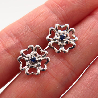 925 Sterling Silver Blue C Z Floral Design Stud Earrings