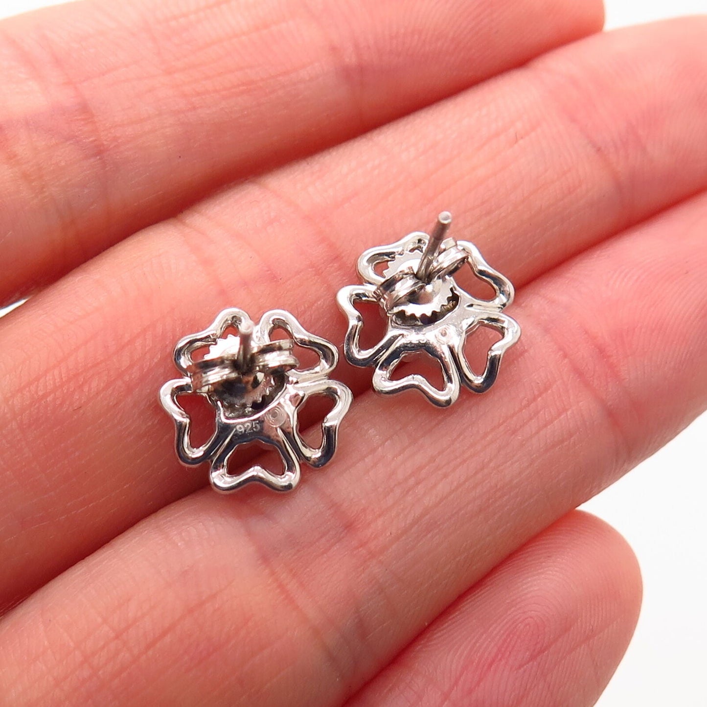 925 Sterling Silver Blue C Z Floral Design Stud Earrings