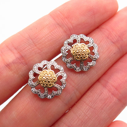 925 Sterling Silver 2-Tone C Z Floral Design Stud Earrings