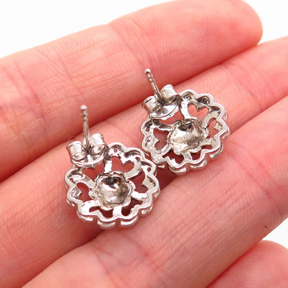 925 Sterling Silver 2-Tone C Z Floral Design Stud Earrings