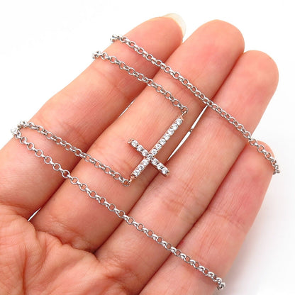 925 Sterling Silver 2-Tone C Z Cross Design Cable Chain Necklace 18"