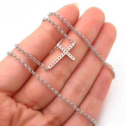 925 Sterling Silver 2-Tone C Z Cross Design Cable Chain Necklace 18"