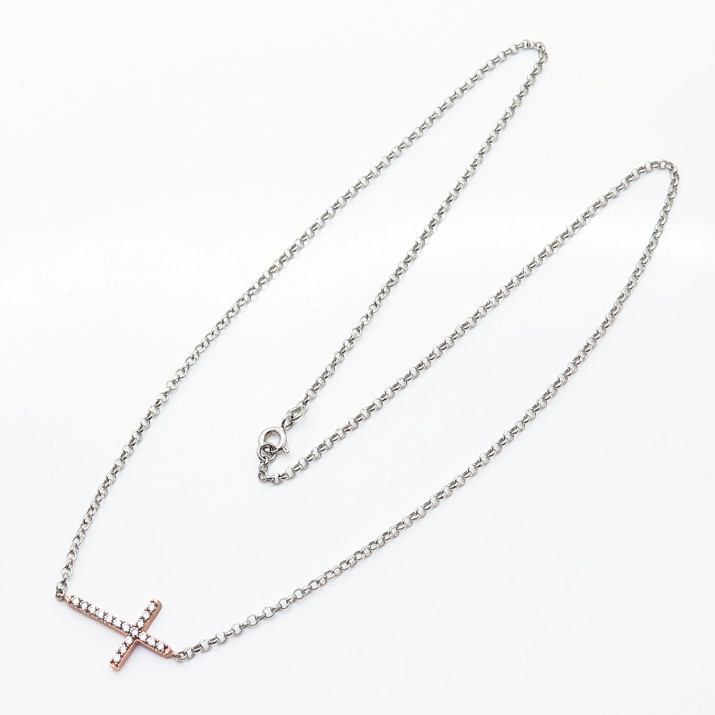 925 Sterling Silver 2-Tone C Z Cross Design Cable Chain Necklace 18"