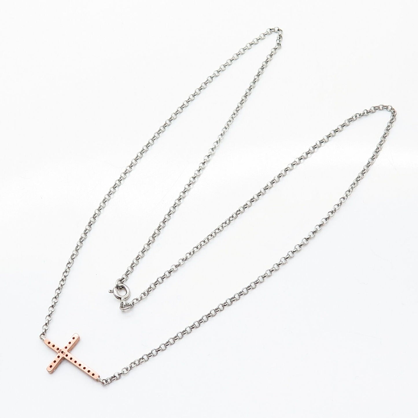 925 Sterling Silver 2-Tone C Z Cross Design Cable Chain Necklace 18"