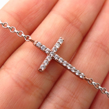 925 Sterling Silver 2-Tone C Z Cross Design Cable Chain Necklace 18"