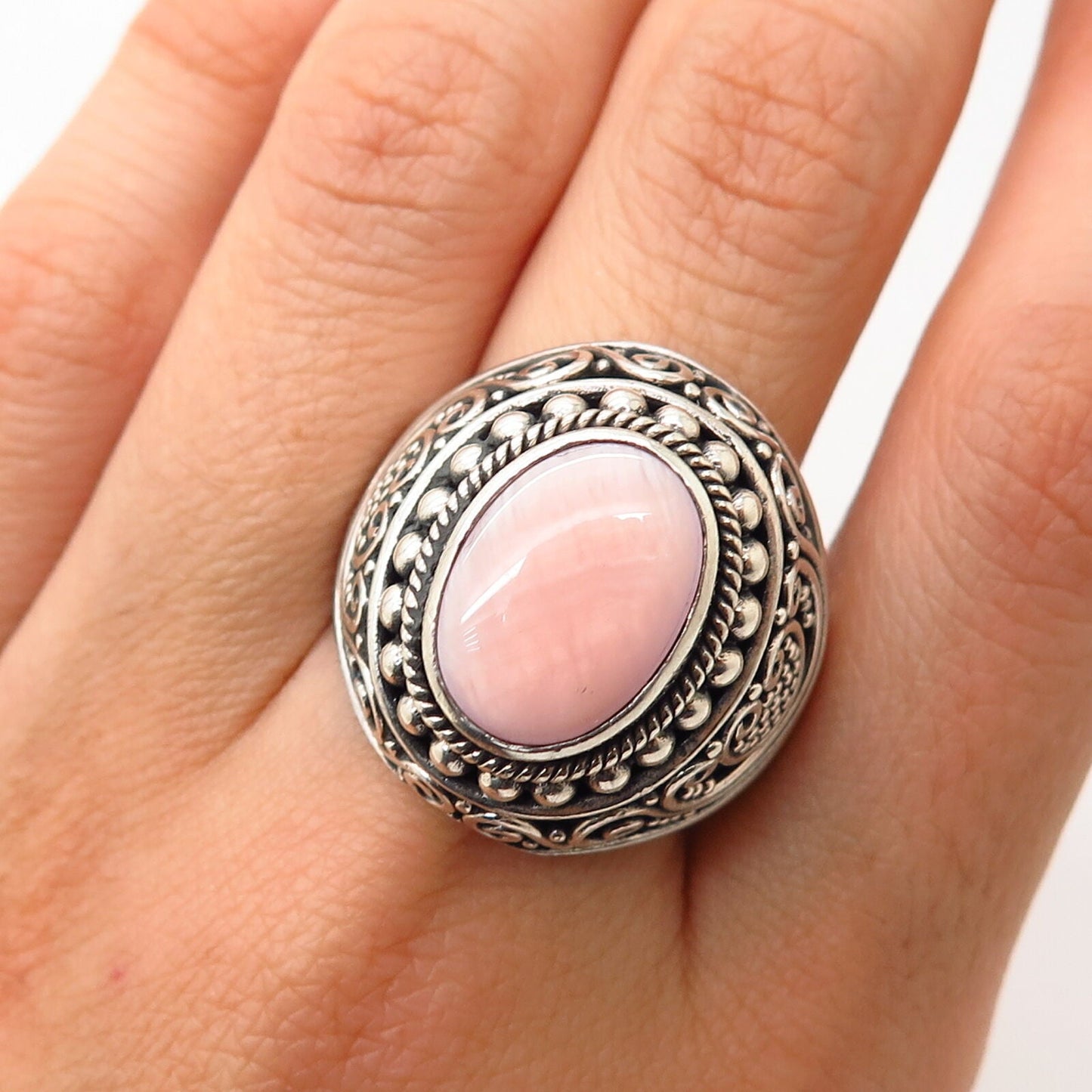 925 Sterling Silver Suarti Bali Real Pink Mother-of-Pearl Ethnic Ring Size 10