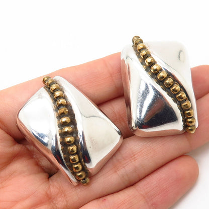 925 Sterling Silver 2-Tone Vintage Mexico Hollow Statement Clip On Earrings