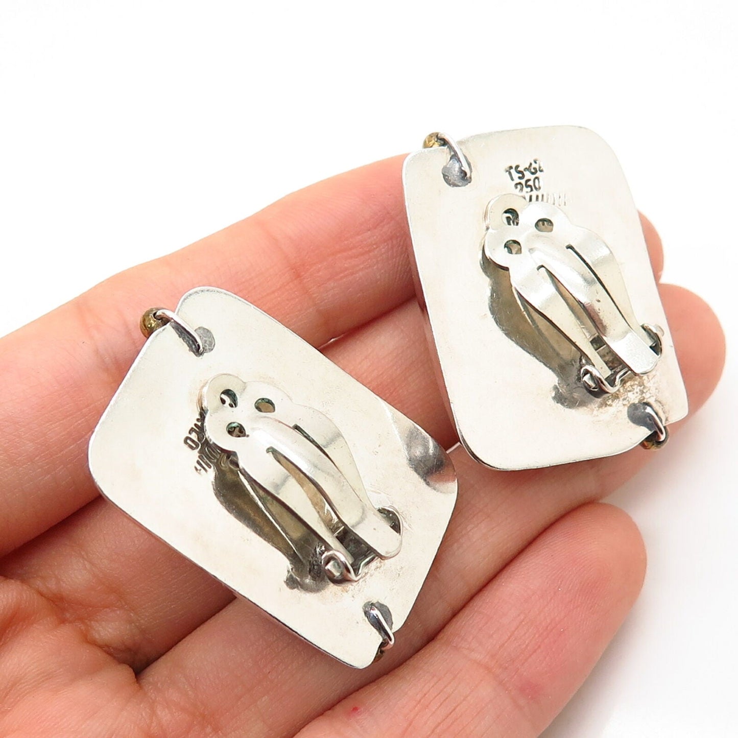 925 Sterling Silver 2-Tone Vintage Mexico Hollow Statement Clip On Earrings