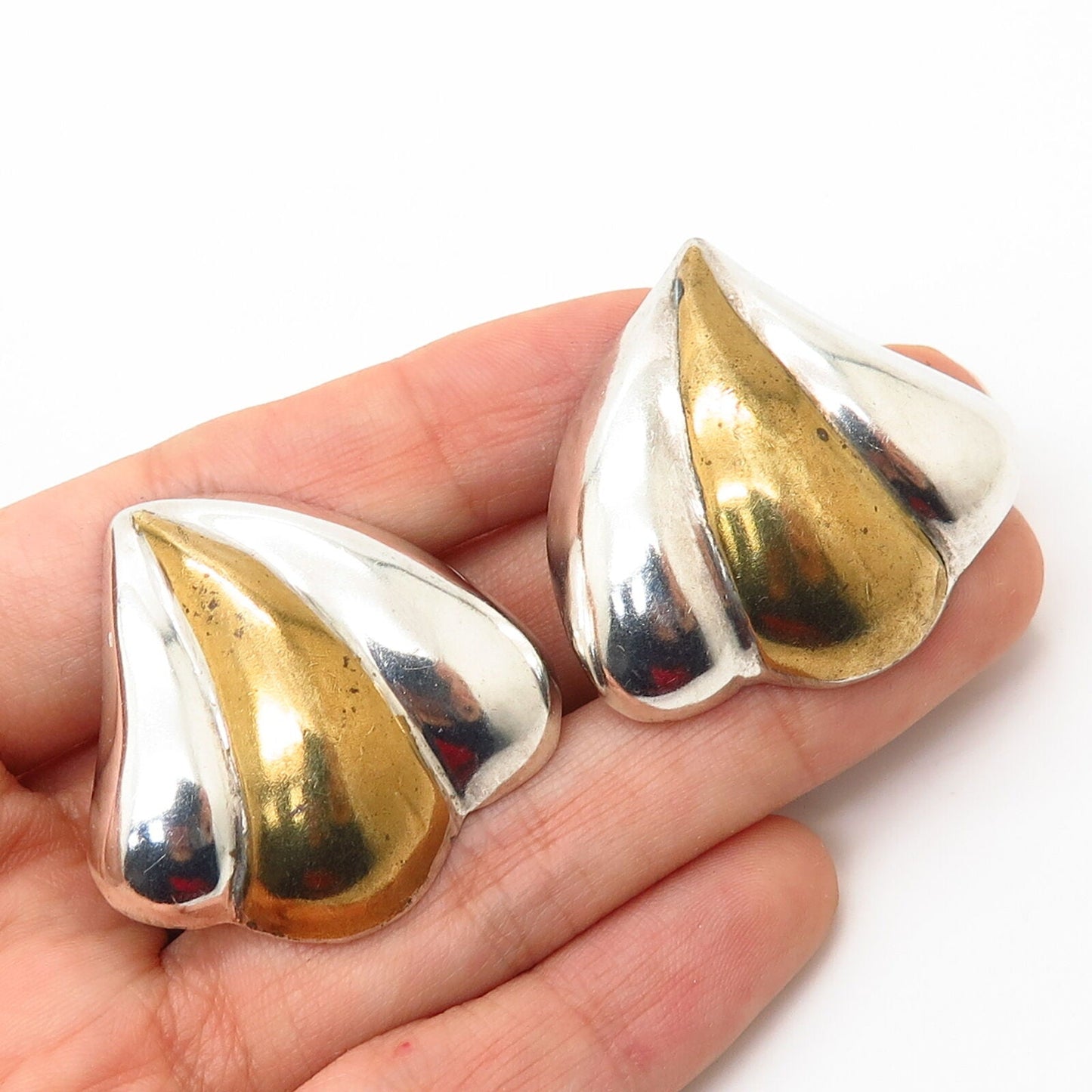 925 Sterling Silver 2-Tone Vintage Hollow Ribbed Design Clip On Earrings