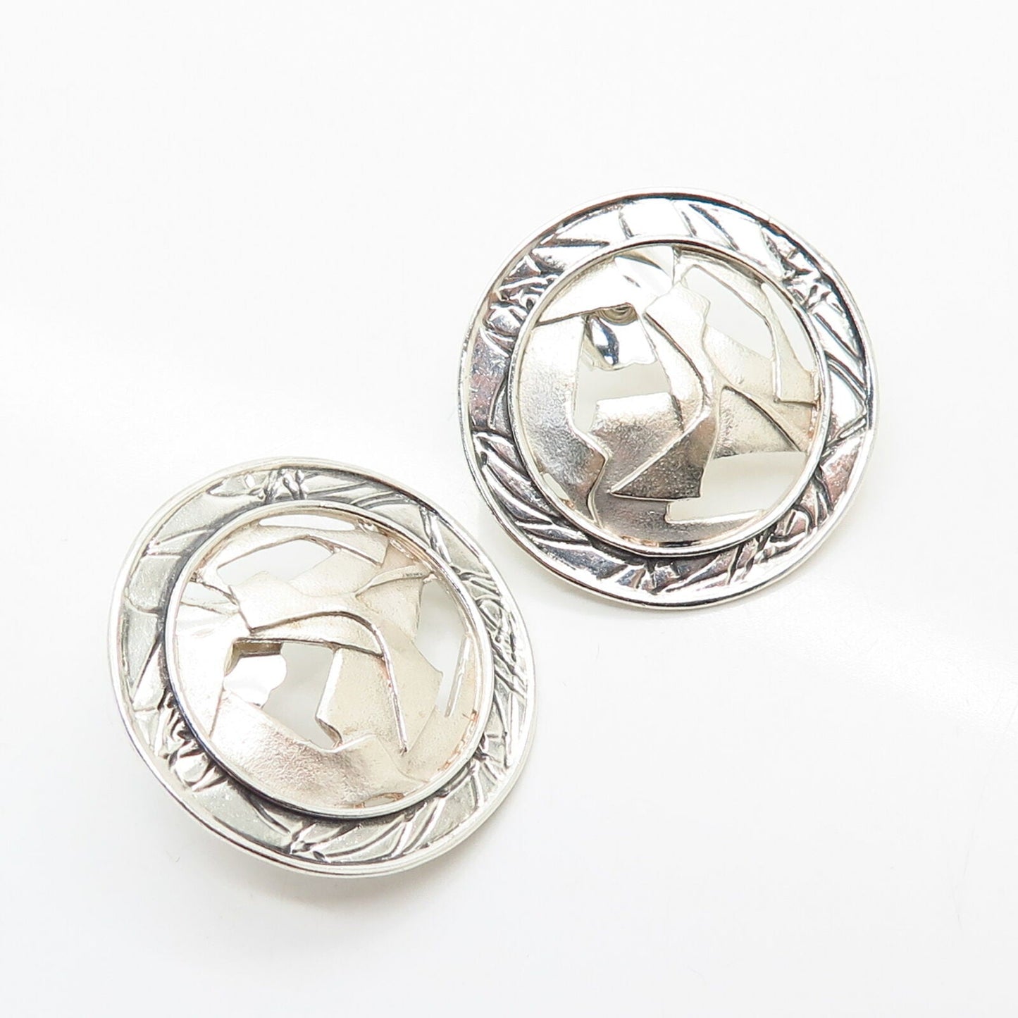 925 Sterling Silver Vintage Abstract Round Design Earrings