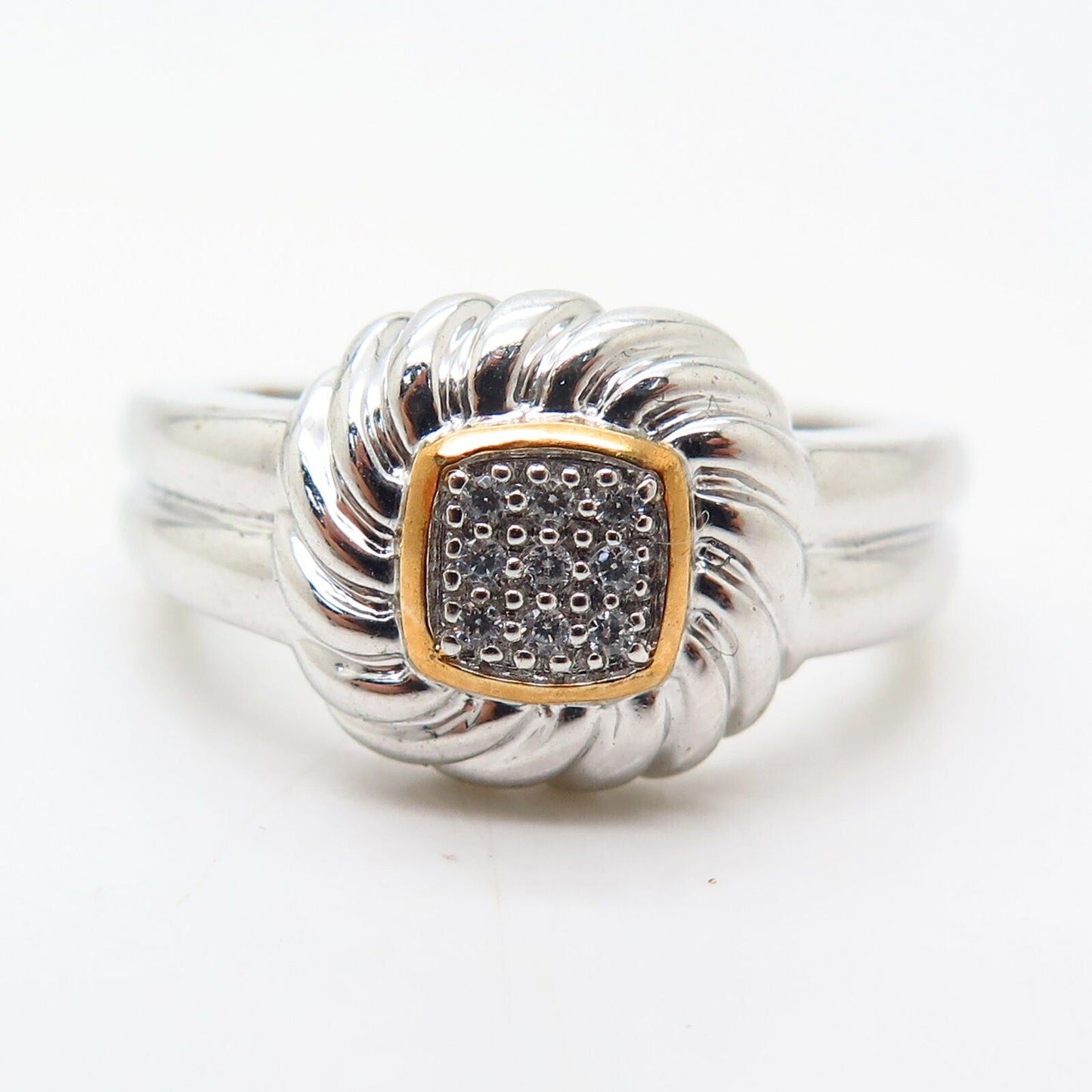 925 Sterling Silver 2-Tone C Z Square Design Ring Size 6 3/4