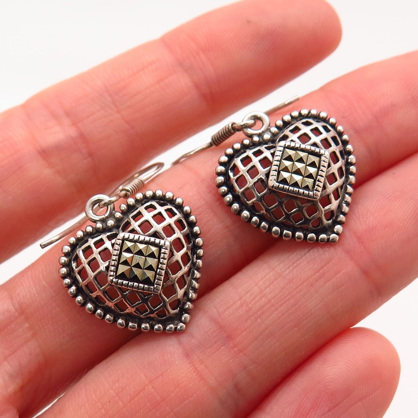 925 Sterling Silver Real Marcasite Gem Net Design Heart Dangle Earrings