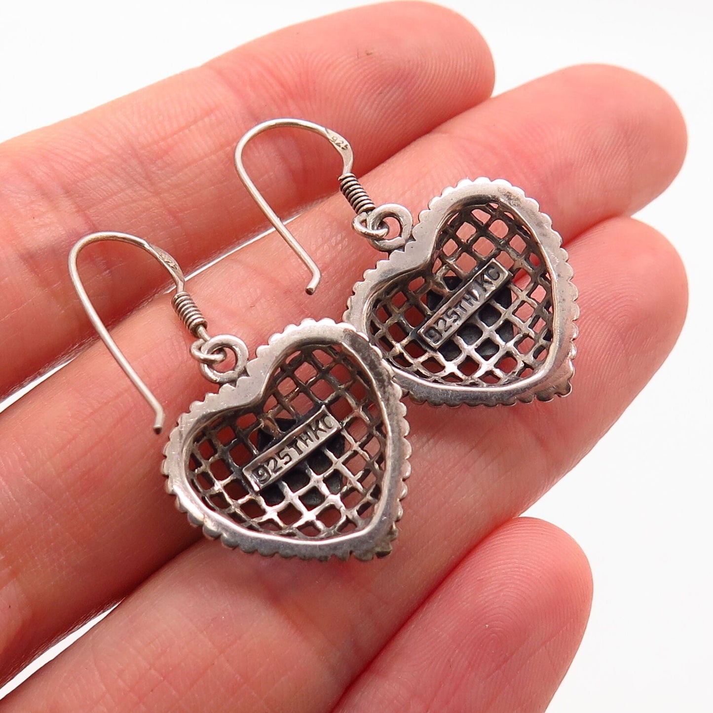 925 Sterling Silver Real Marcasite Gem Net Design Heart Dangle Earrings