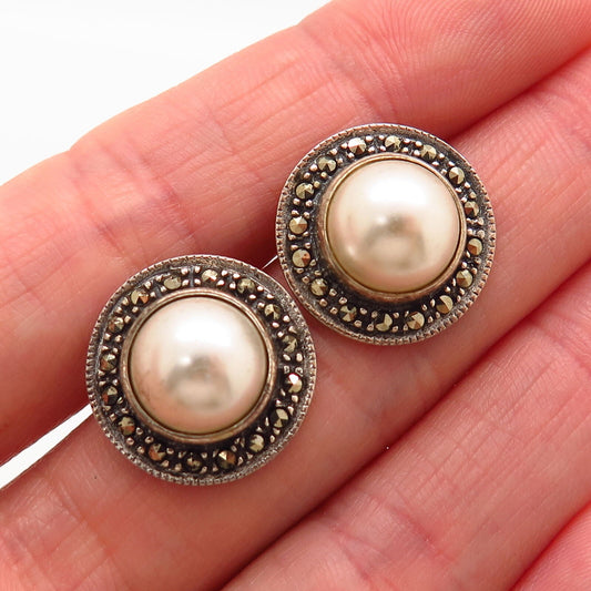 925 Sterling Silver Real Marcasite Gem & Faux Pearl Round Stud Earrings