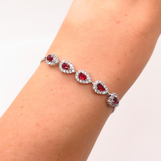 925 Sterling Silver White & Garnet-Tone C Z Double Strand Link Bracelet 6.5-7"