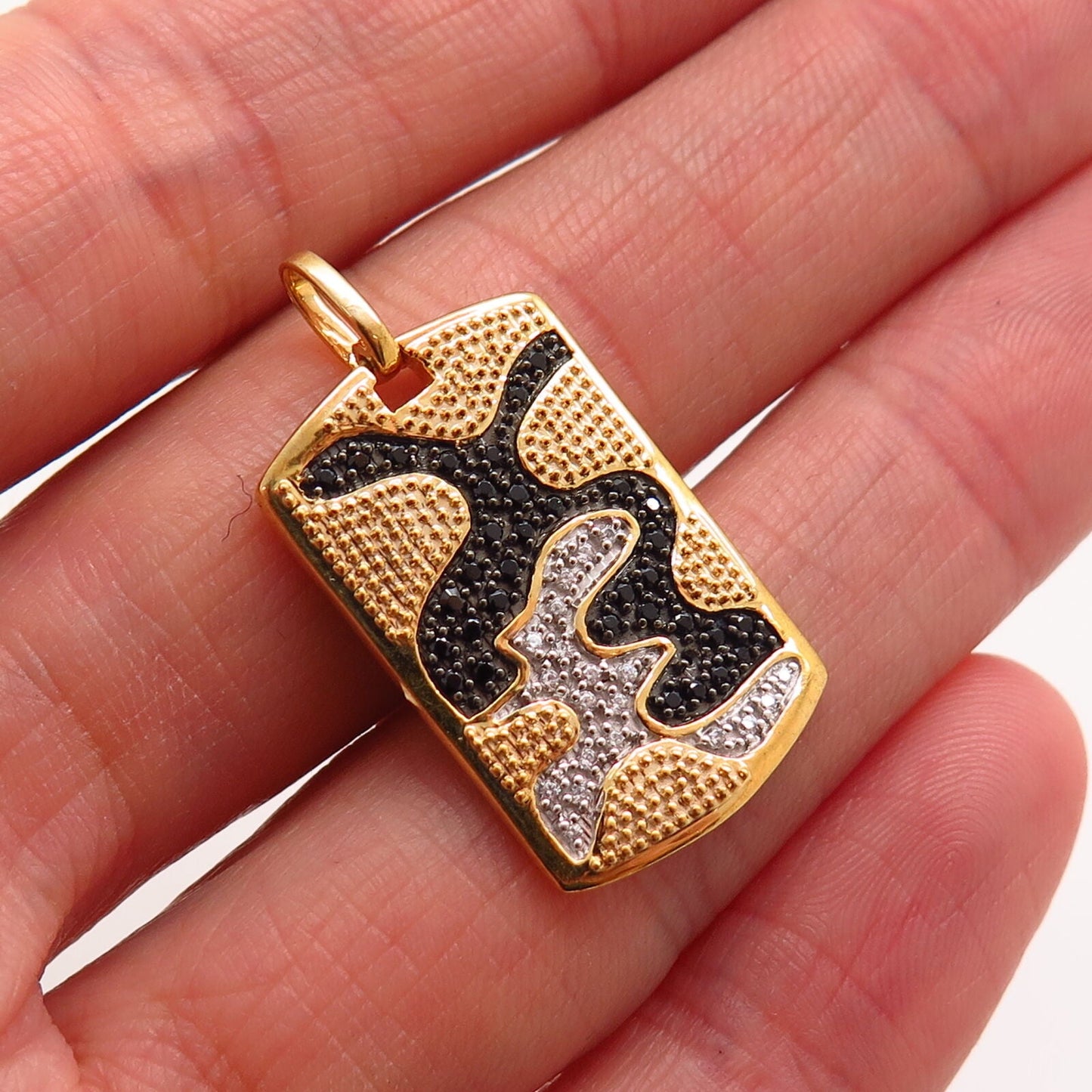 925 Sterling Silver Gold Plated White & Black C Z Abstract Tag Pendant