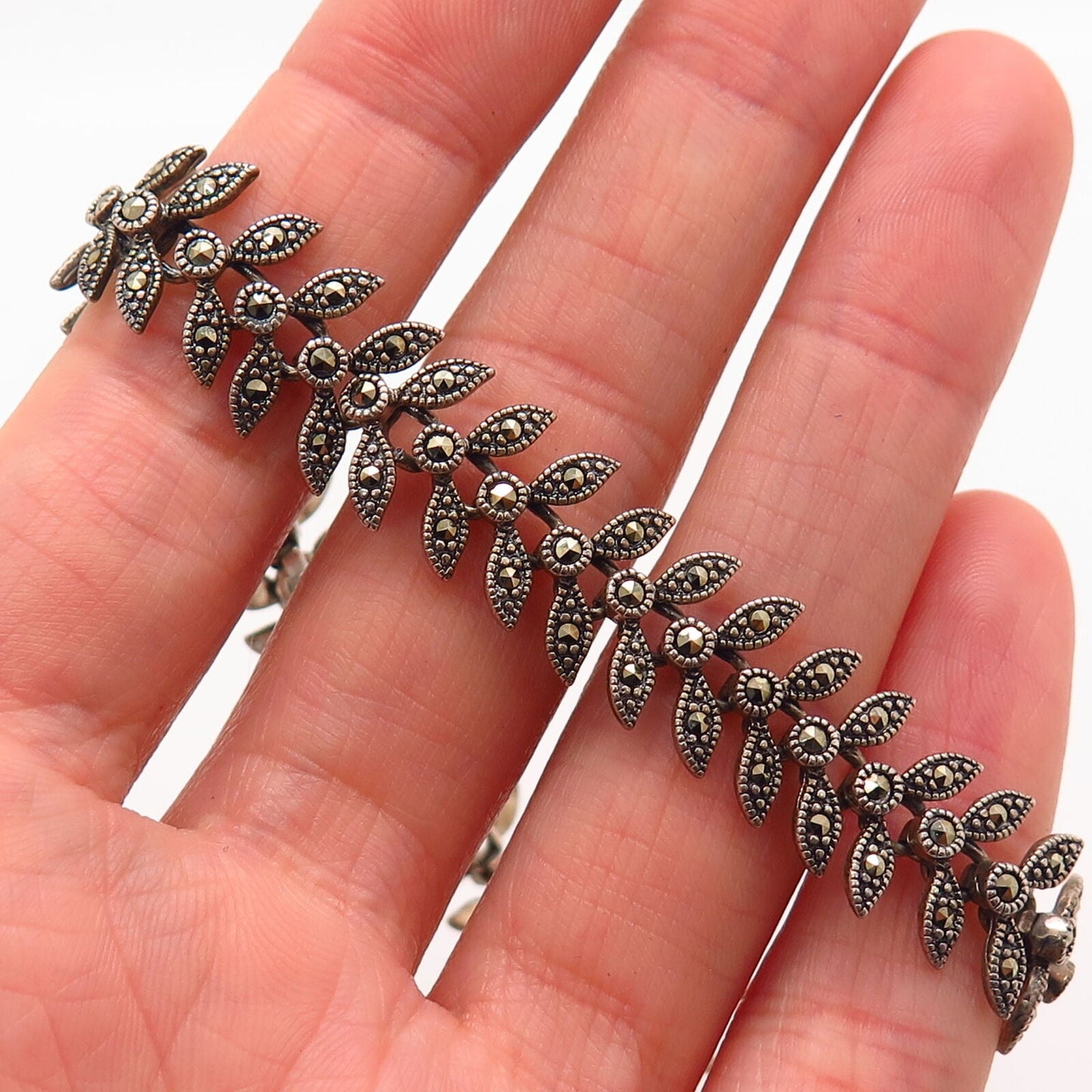 925 Sterling Silver Real Marcasite Gem Olive Leaf Design Link Bracelet 7.5"