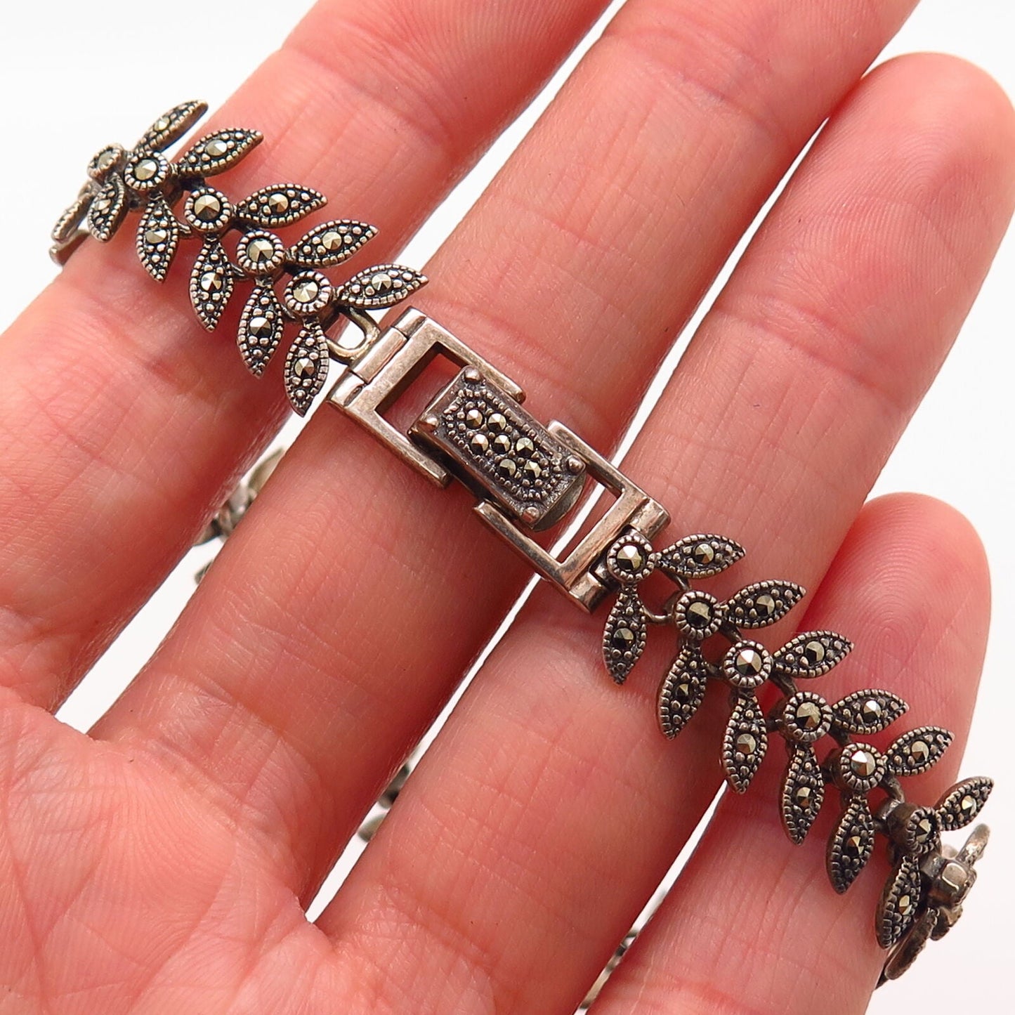 925 Sterling Silver Real Marcasite Gem Olive Leaf Design Link Bracelet 7.5"