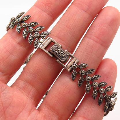 925 Sterling Silver Real Marcasite Gem Olive Leaf Design Link Bracelet 7.5"