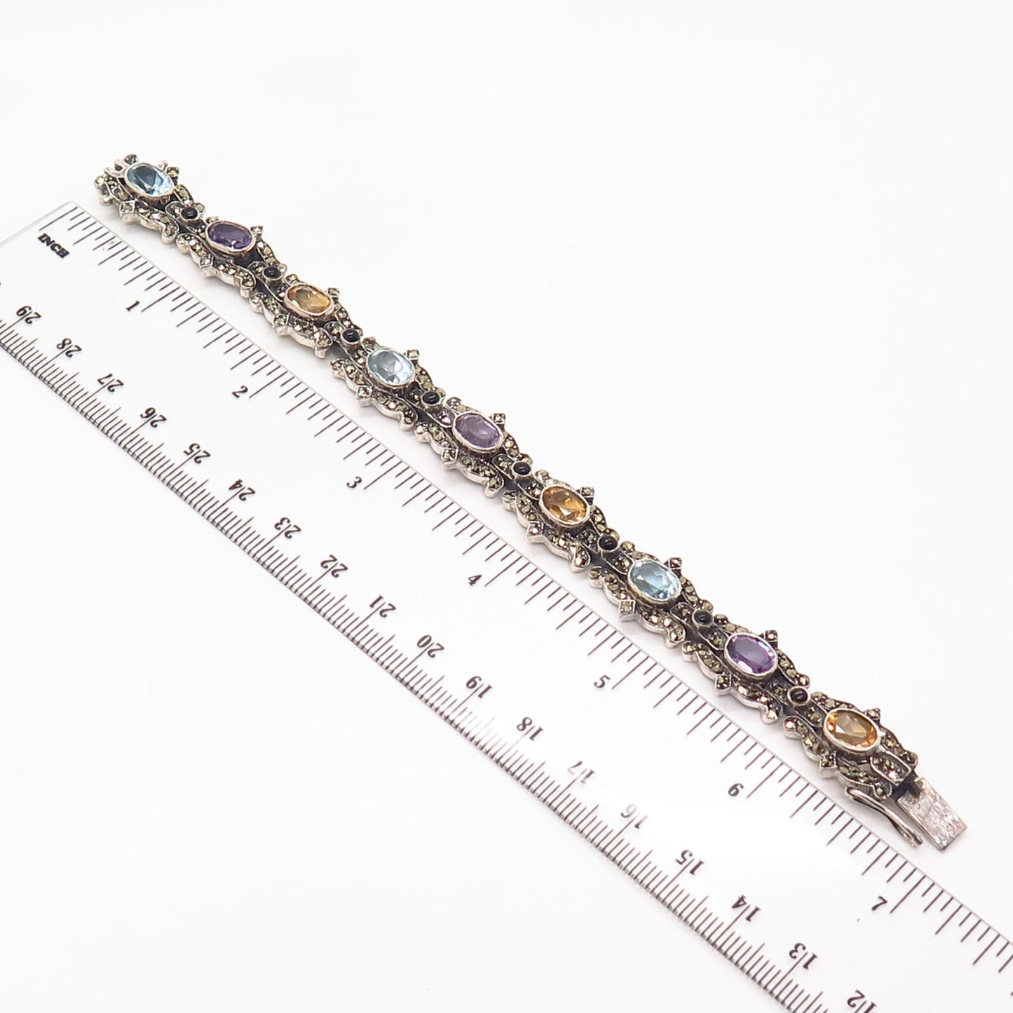 925 Sterling Silver Real Multi-Color Gemstone Oval Link Bracelet 6 1/4"