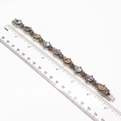 925 Sterling Silver Real Multi-Color Gemstone Oval Link Bracelet 6 1/4"