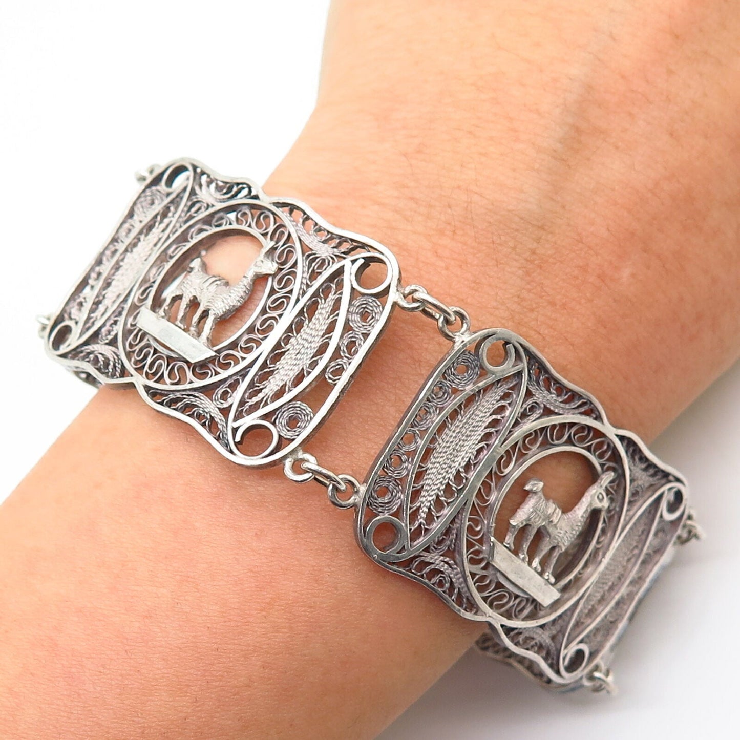 900 Silver Antique Filigree Tribal Llama Design Wide Panel Link Bracelet 7 1/4"