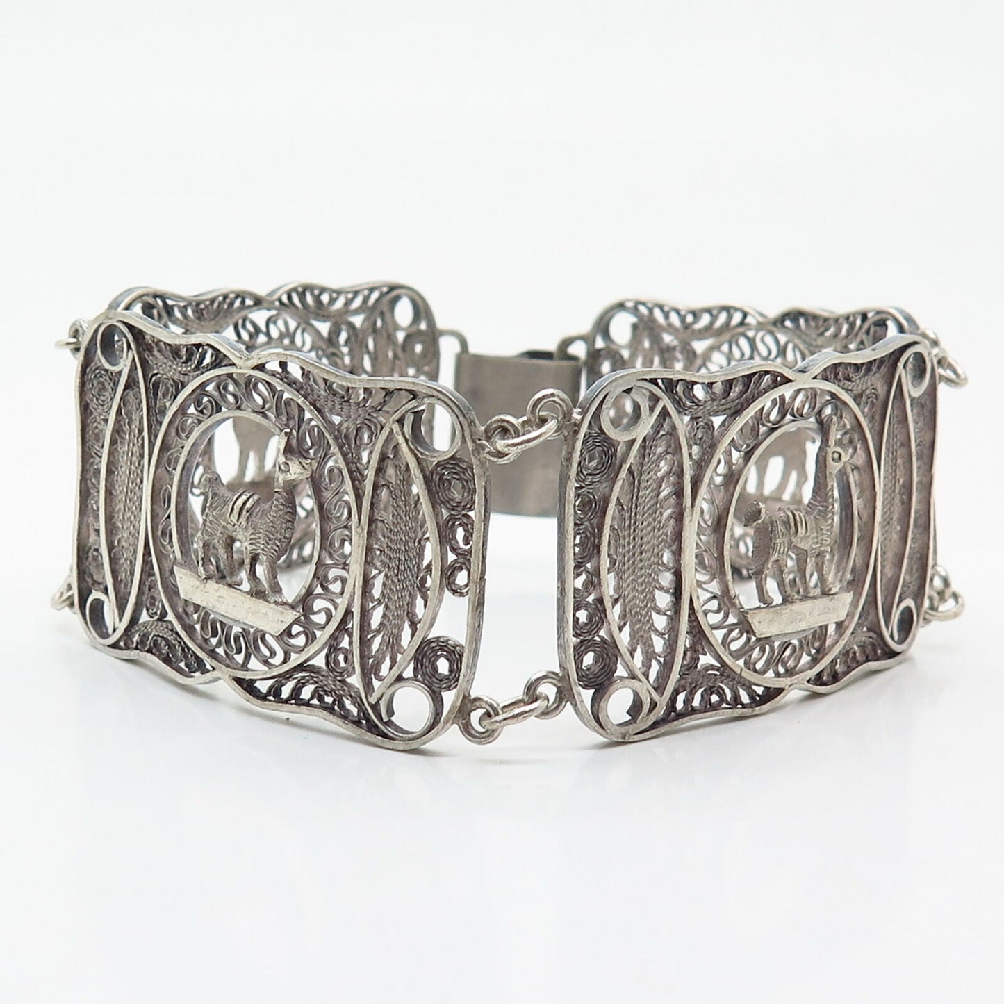 900 Silver Antique Filigree Tribal Llama Design Wide Panel Link Bracelet 7 1/4"