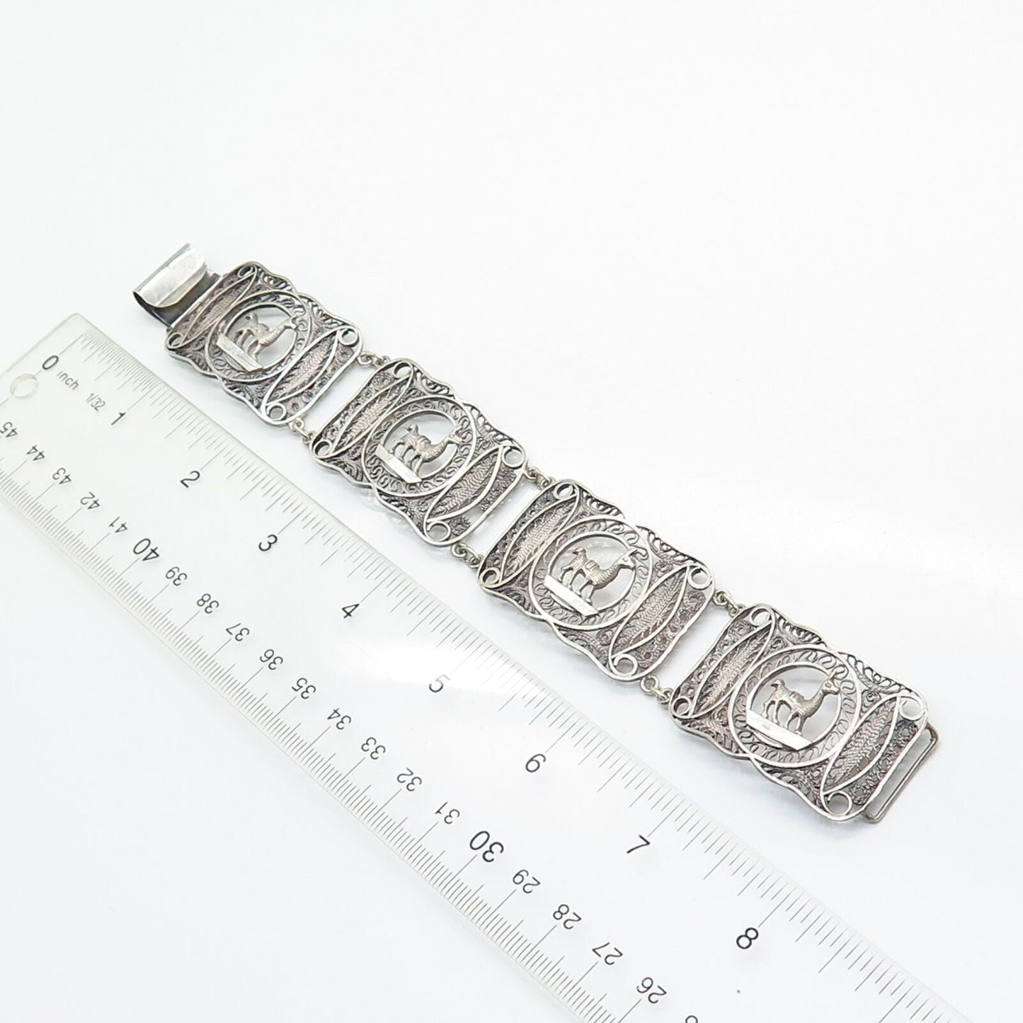 900 Silver Antique Filigree Tribal Llama Design Wide Panel Link Bracelet 7 1/4"