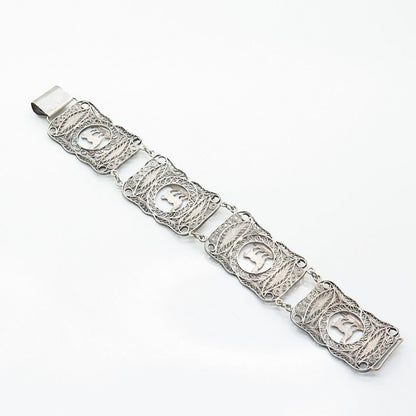 900 Silver Antique Filigree Tribal Llama Design Wide Panel Link Bracelet 7 1/4"