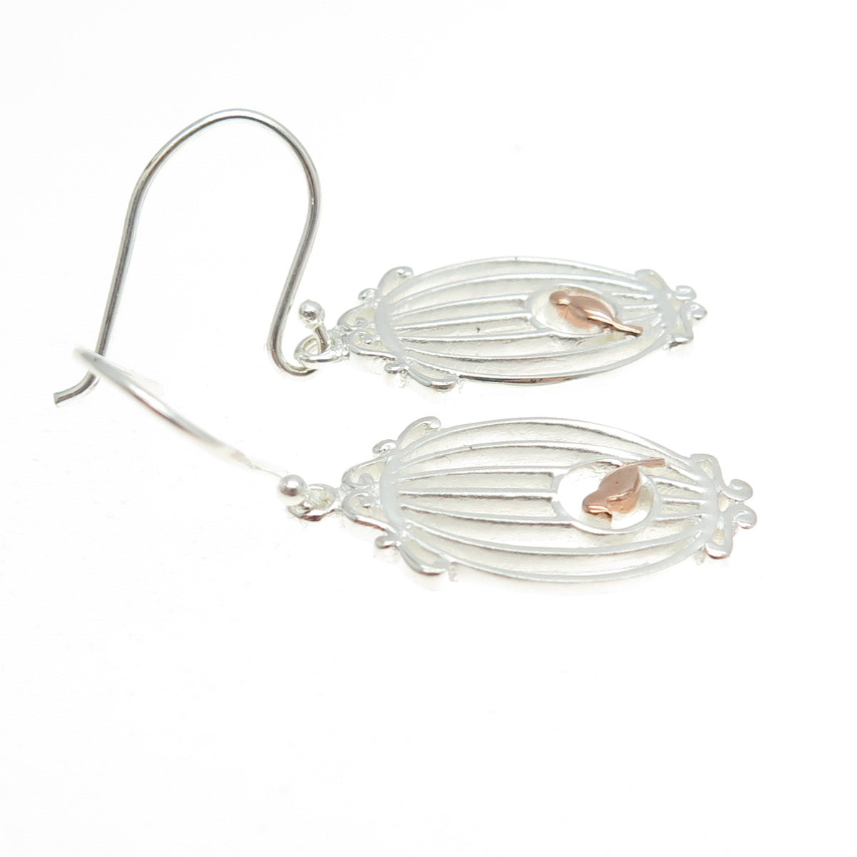 925 Sterling Silver 2-Tone Bird in Cage Dangling Earrings