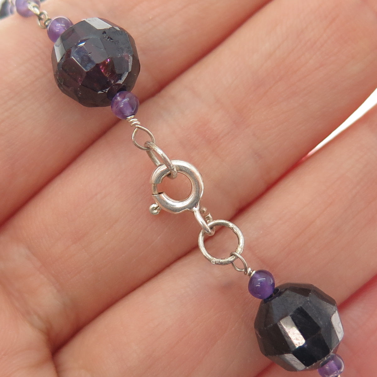 925 Sterling Silver Vintage Real Red Garnet & Amethyst Beaded Chain Necklace 16"