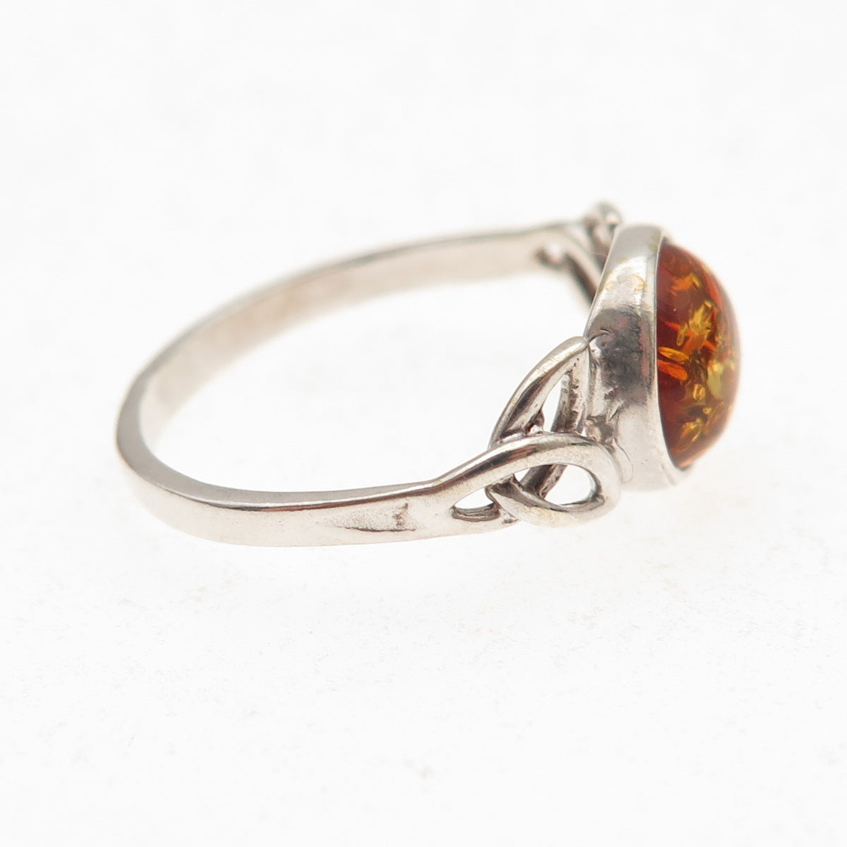 925 Sterling Silver Vintage Poland Real Amber Celtic Trinity Knot Ring Size 7.25