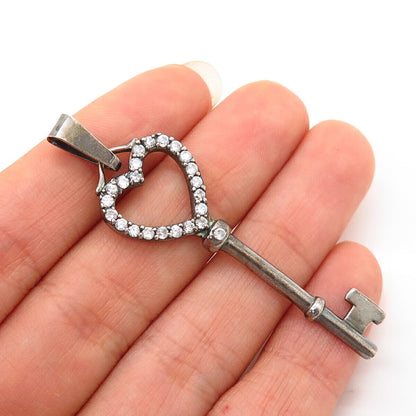 925 Sterling Silver C Z Heart Key Design Pendant