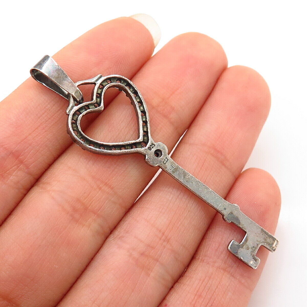 925 Sterling Silver C Z Heart Key Design Pendant