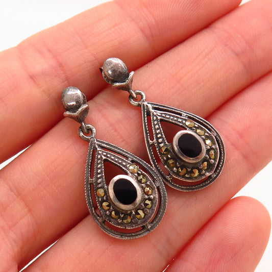 925 Sterling Silver Real Marcasite & Black Onyx Gem Teardrop Dangling Earrings