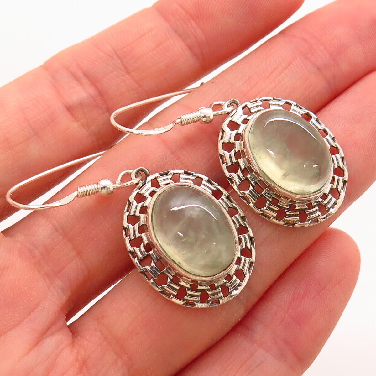 925 Sterling Silver Real Prasiolite Gemstone Dangling Earrings