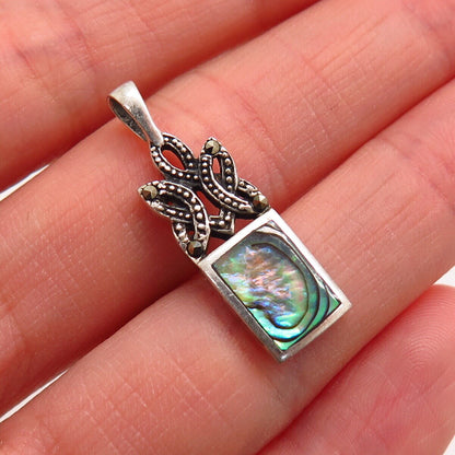 925 Sterling Silver Real Abalone Shell & Marcasite Gem Pendant