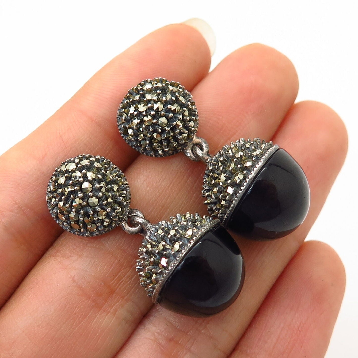 925 Sterling Silver Marcasite & Black Onyx Gem Ball Design Dangling Earrings