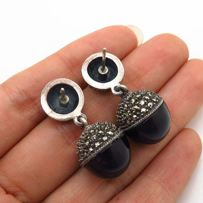 925 Sterling Silver Marcasite & Black Onyx Gem Ball Design Dangling Earrings