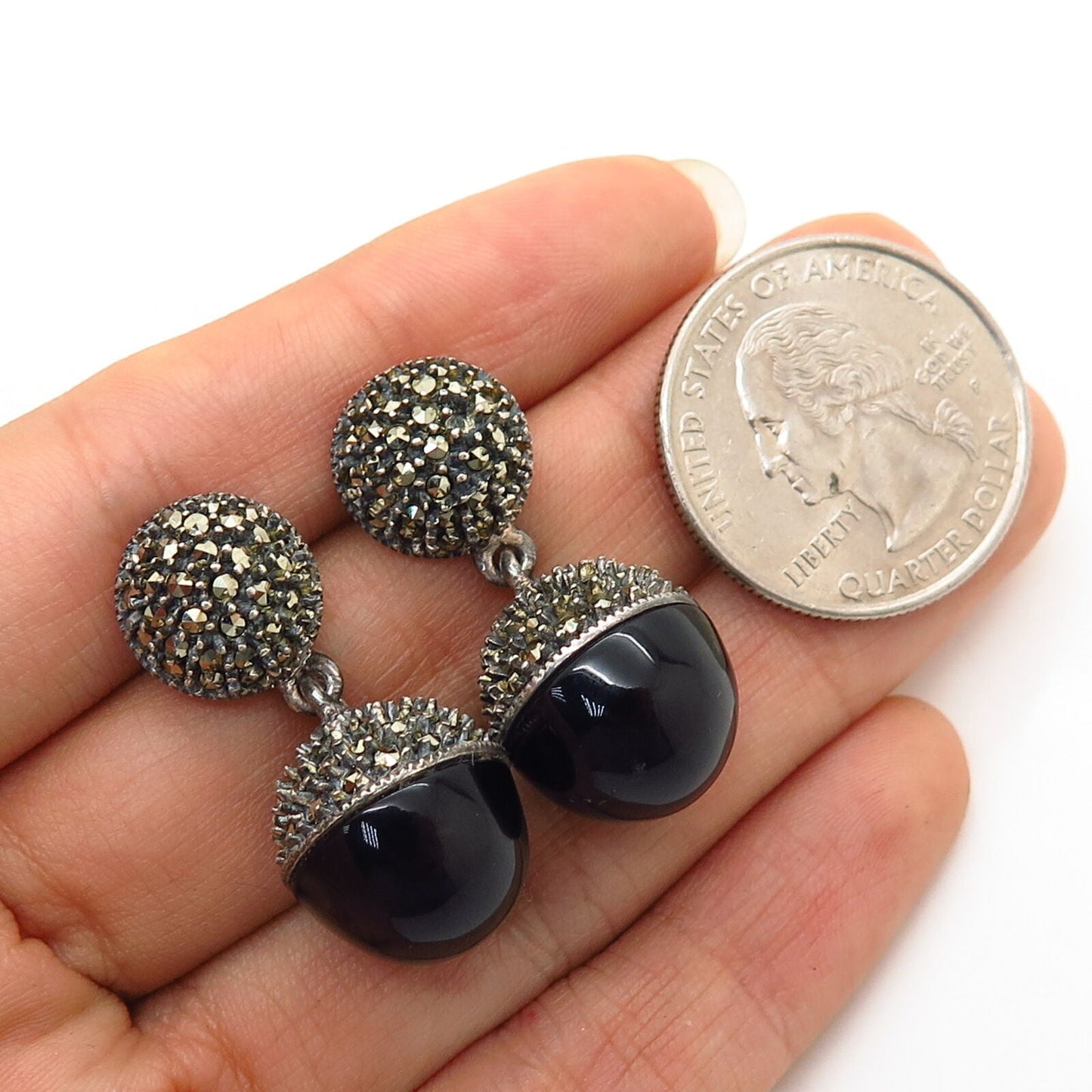 925 Sterling Silver Marcasite & Black Onyx Gem Ball Design Dangling Earrings