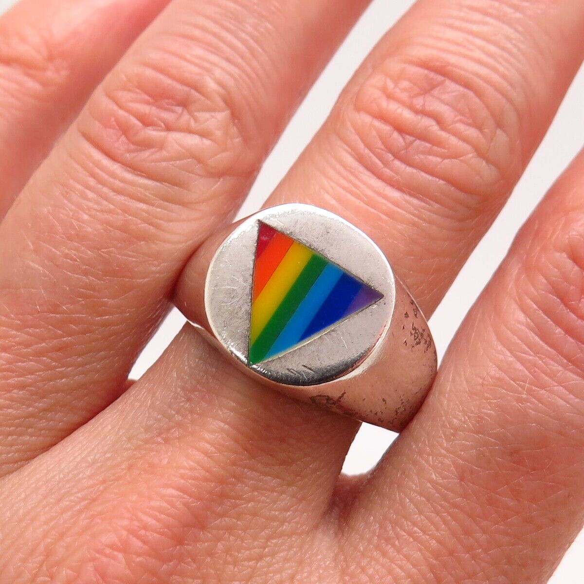 925 Sterling Silver Rainbow Enamel "Happy Pride" Signet Ring