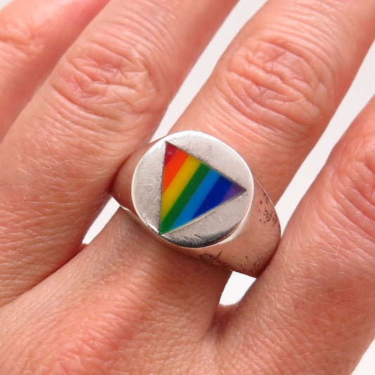 925 Sterling Silver Rainbow Enamel "Happy Pride" Signet Ring