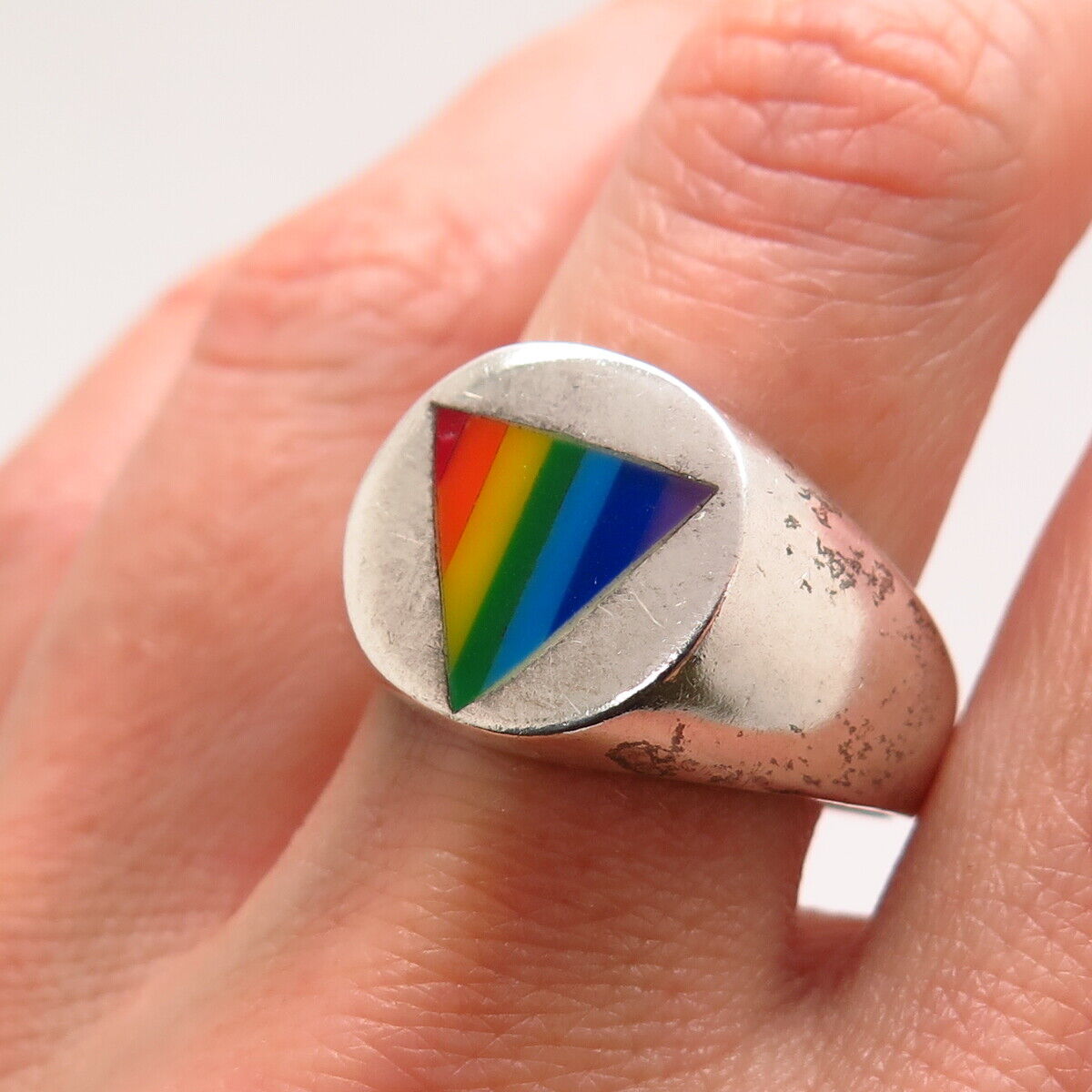 925 Sterling Silver Rainbow Enamel "Happy Pride" Signet Ring