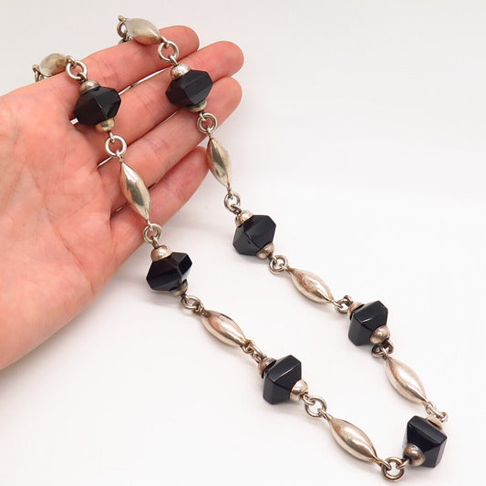 925 Sterling Vintage Mexico Black Onyx Gem Bead Station Chain Necklace 29”