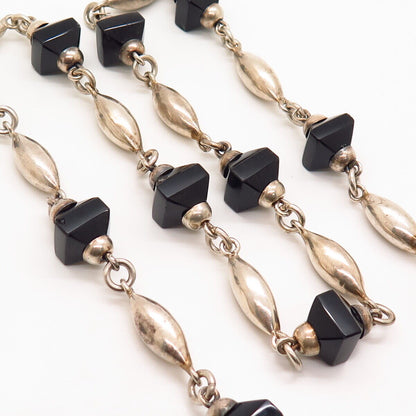 925 Sterling Vintage Mexico Black Onyx Gem Bead Station Chain Necklace 29”