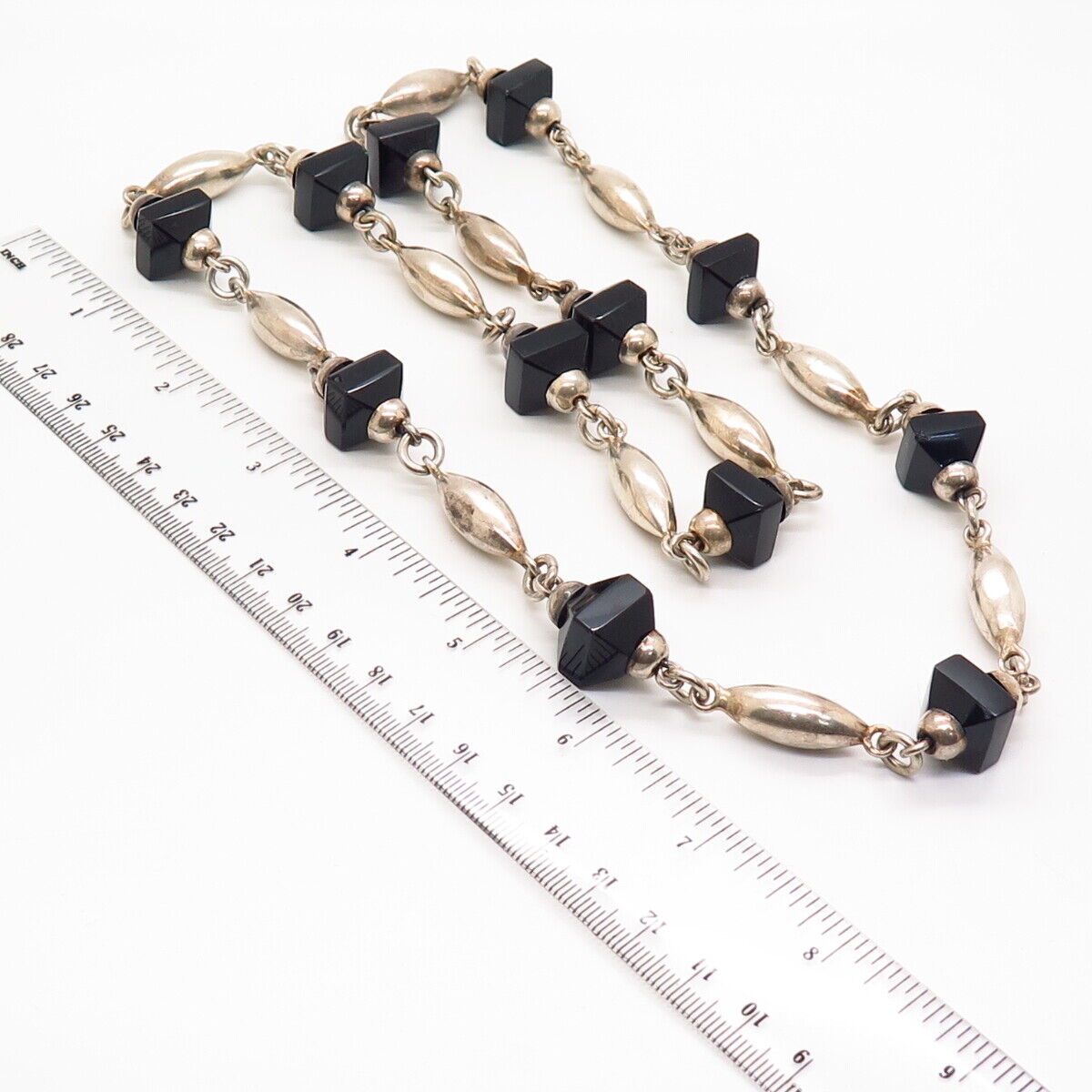 925 Sterling Vintage Mexico Black Onyx Gem Bead Station Chain Necklace 29”